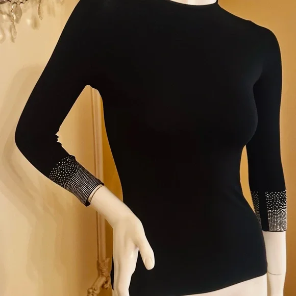 KIKIRIKI Black Long-Sleeve Crewneck Top with Crystal-Embellished Cuffs size S - Picture 15 of 15